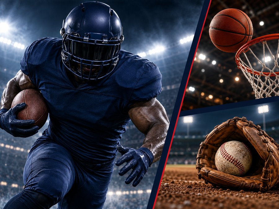 American football player in a navy helmet and jersey under stadium floodlights (AI-generated image)